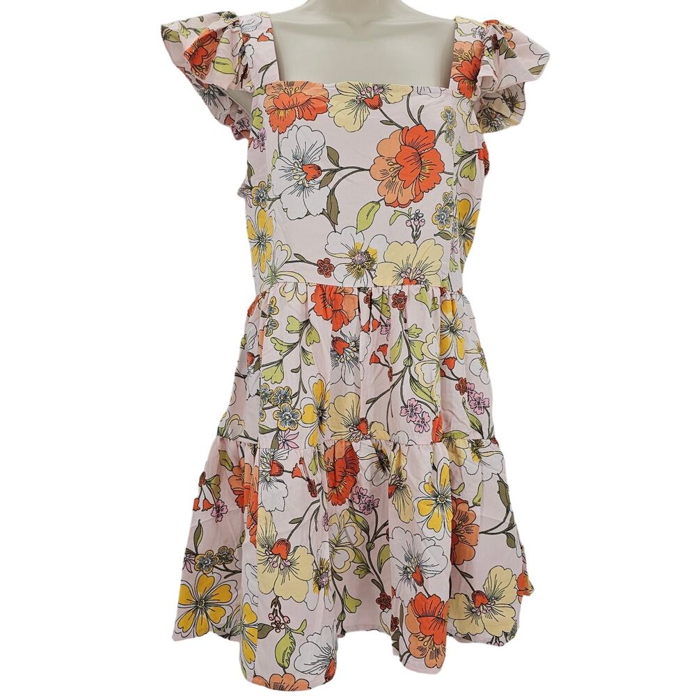 Lottie & Holly Womans size M Blush Floral Square Neck Crisscross Mini Dress New